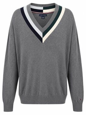 Tommy Hilfiger V-Neck Sweater XL Grey Cotton Preppy